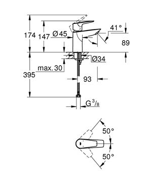 GROHE BAUEDGE umývadlová stojanková batéria, chróm 23330001 Technický nákres