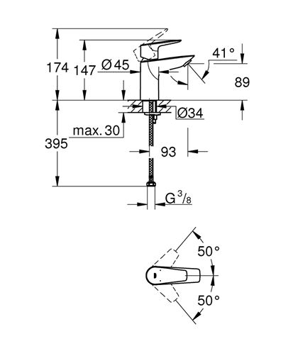 GROHE BAUEDGE umývadlová stojanková batéria, chróm 23330001 Technický nákres