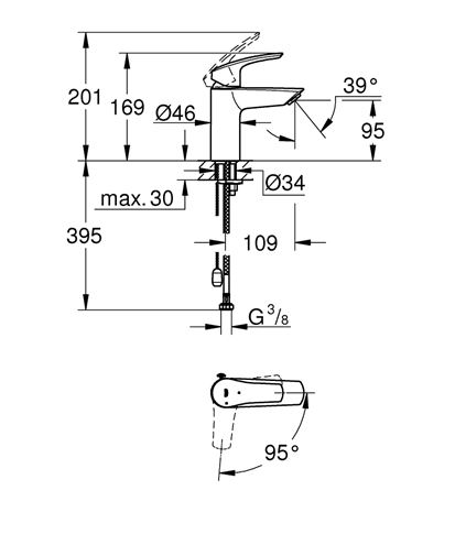 GROHE EUROSMART umývadlová stojanková batéria, studený štart, chróm 23372003 Technický nákres