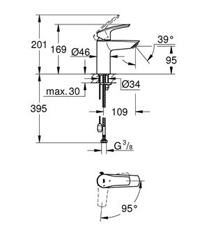 GROHE EUROSMART umývadlová stojanková batéria, studený štart, chróm 23372003 Technický nákres