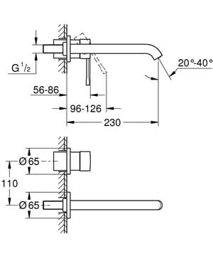 GROHE ESSENCE NEW umývadlová podomietková batéria, chróm 29193001 Technický nákres