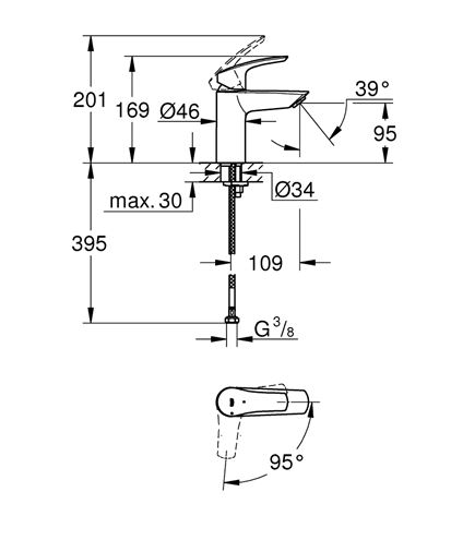 GROHE EUROSMART umývadlová stojanková batéria, studený štart, chróm 32154003 Technický nákres