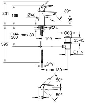 GROHE EUROSMART umývadlová stojanková batéria, s odtokovou súpravou, chróm 23456003 Technický nákres