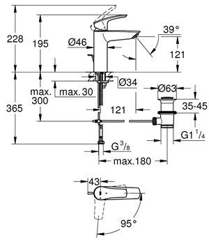GROHE EUROSMART umývadlová stojanková batéria, s odtokovou súpravou, studený štart, chróm 2339330E Technický nákres