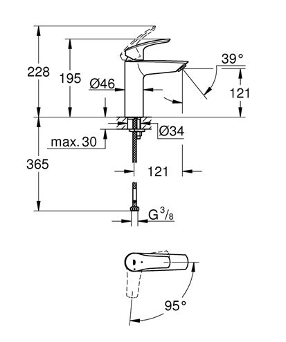 GROHE EUROSMART umývadlová stojanková batéria, studený štart, chróm 2339530E Technický nákres