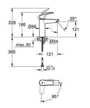 GROHE EUROSMART umývadlová stojanková batéria, studený štart, chróm 2339530E Technický nákres