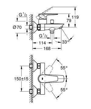 GROHE BAUEDGE vaňová nástenná batéria, s prepínačom, chróm 23604001 Technický nákres