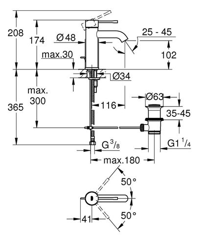 GROHE ESSENCE NEW umývadlová stojanková batéria, s odtokovou súpravou, hard graphite 24171A01 Technický nákres