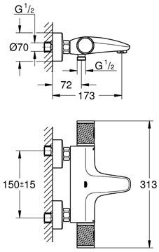 GROHE GROHTHERM 1000 PERFORMANCE vaňová nástenná termostatická batéria, s prepínačom, chróm 34830000 Technický nákres