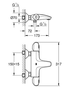 GROHE GROHTHERM 1000 vaňová nástenná termostatická batéria, s prepínačom, chróm 34816003 Technický nákres