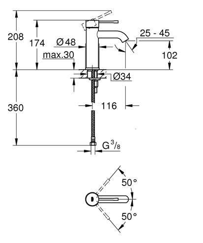 GROHE ESSENCE NEW umývadlová stojanková batéria, brúsený hard graphite 24172AL1 Technický nákres