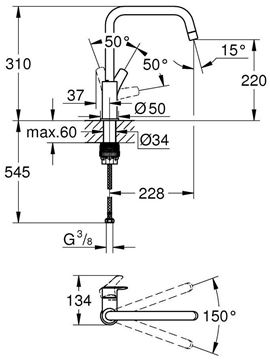 GROHE EUROSMART drezová batéria, chróm 30567000 Technický nákres