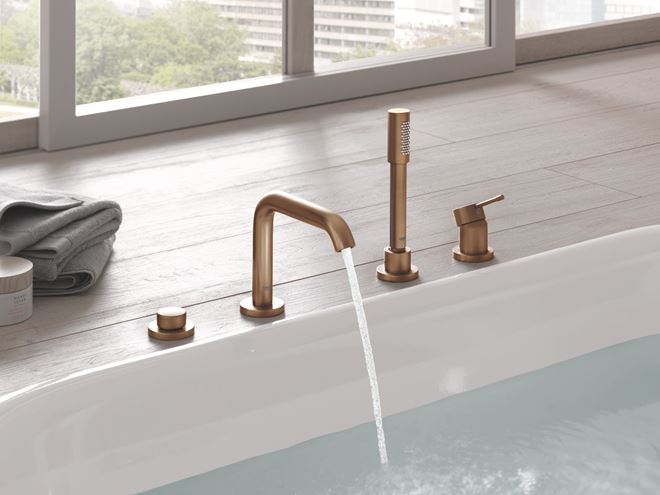 GROHE ESSENCE NEW batéria na okraj vane, 4-otvorová, s prepínačom, so sprchovou súpravou, brúsený warm sunset 25251DL1 Obrázek - fotka