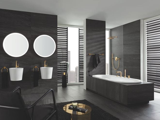 GROHE ESSENCE NEW batéria na okraj vane, 4-otvorová, s prepínačom, so sprchovou súpravou, brúsený cool sunrise 25251GN1 Obrázek - fotka
