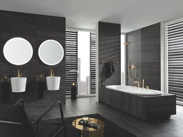 GROHE ESSENCE NEW batéria na okraj vane, 4-otvorová, s prepínačom, so sprchovou súpravou, brúsený cool sunrise 25251GN1 Obrázek - fotka