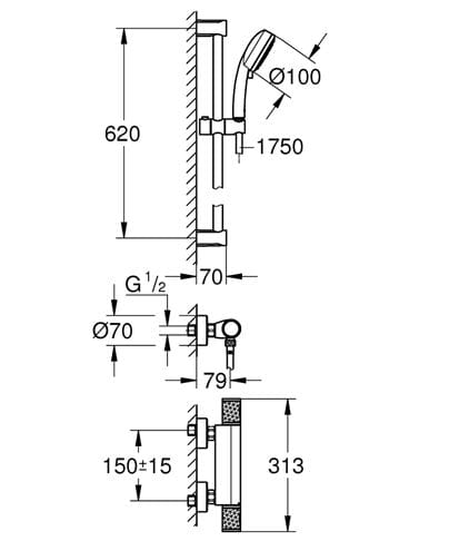 GROHE GROHTHERM 1000 PERFORMANCE sprchový set s termostatickou batériou, ručná sprcha s 2 prúdmi, tyč, hadica, chróm 34834000 Technický nákres