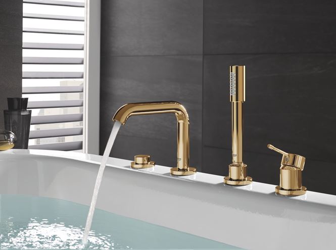 GROHE ESSENCE NEW batéria na okraj vane, 4-otvorová, s prepínačom, so sprchovou súpravou, cool sunrise 25251GL1 Obrázek - fotka