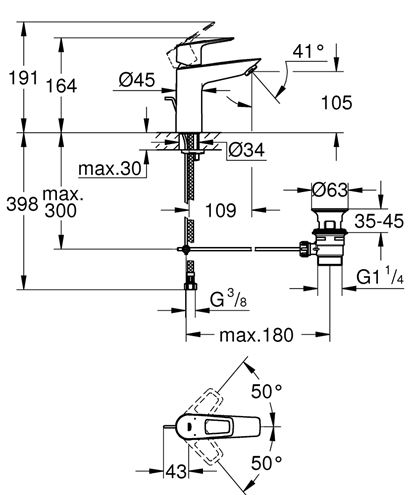 GROHE BAULOOP umývadlová stojanková batéria, s odtokovou súpravou, chróm 23885001 Technický nákres