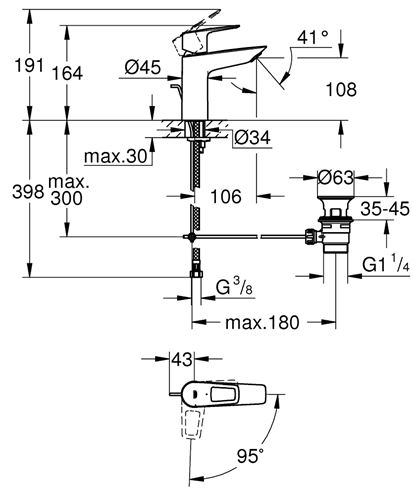 GROHE BAULOOP umývadlová stojanková batéria, s odtokovou súpravou, SilkMove ES, chróm 23887001 Technický nákres
