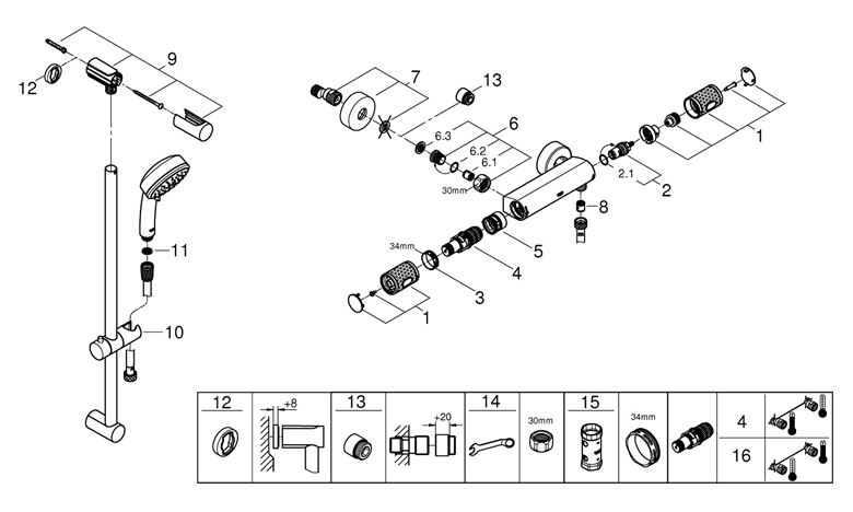 GROHE GROHTHERM 1000 PERFORMANCE sprchový set s termostatickou batériou, ručná sprcha s 2 prúdmi, tyč, hadica, chróm 34835000 Obrázek - fotka