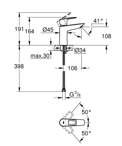 GROHE BAULOOP umývadlová stojanková batéria, chróm 23917001 Technický nákres