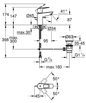 GROHE BAULOOP umývadlová stojanková batéria, s odtokovou súpravou, chróm 23877001 Technický nákres