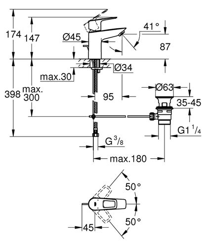 GROHE BAULOOP umývadlová stojanková batéria, s odtokovou súpravou, chróm 23877001 Technický nákres
