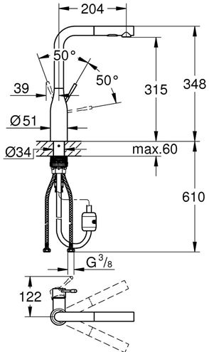 GROHE ESSENCE NEW drezová batéria, s vyťahovacou sprškou, hard graphite 30504A00 Technický nákres