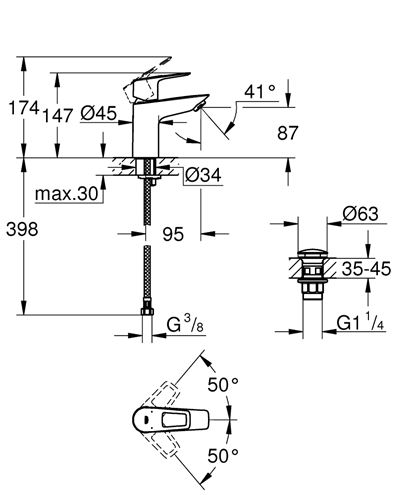 GROHE BAULOOP umývadlová stojanková batéria, s odtokovou súpravou, chróm 23879001 Technický nákres