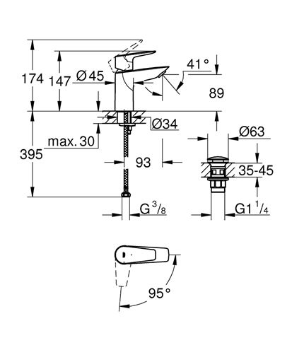 GROHE BAUEDGE umývadlová stojanková batéria, s odtokovou súpravou, chróm 23899001 Technický nákres