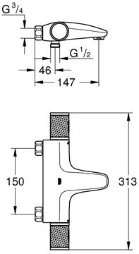 GROHE GROHTHERM 1000 PERFORMANCE vaňová nástenná termostatická batéria, s prepínačom, chróm 34831000 Technický nákres