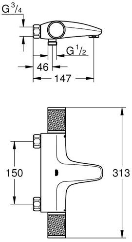 GROHE GROHTHERM 1000 PERFORMANCE vaňová nástenná termostatická batéria, s prepínačom, chróm 34831000 Technický nákres