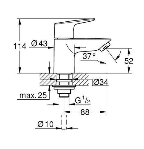 GROHE BAUEDGE umývadlová stojanková batéria pre jednu vodu, chróm 20421001 Technický nákres