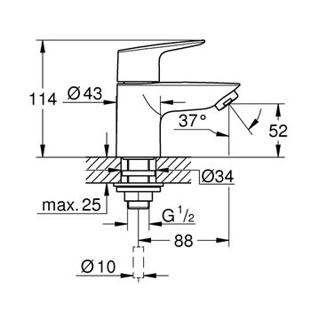 GROHE BAUEDGE umývadlová stojanková batéria pre jednu vodu, chróm 20421001 Technický nákres