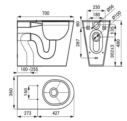 SANELA bezbariérové stacionárne WC, vario odpad, nerez SLWN 13 Technický nákres