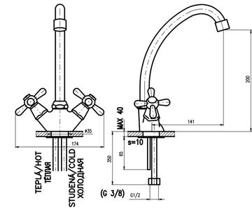 RAV SLEZÁK MORAVA drezová batéria, chróm MK120.5/1 Technický nákres