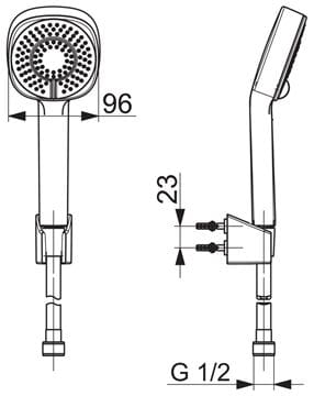 HANSA BASICJET STYLE sprchová súprava 3-dielna, ručná sprcha 96x96 mm, 3 prúdy, hadica, držiak, Eco, chróm 44600133 Technický nákres