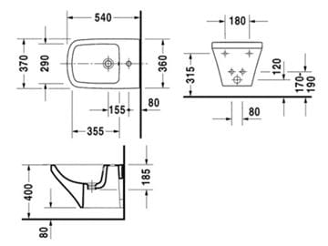 DURAVIT DURASTYLE závesný bidet 2282150000 Technický nákres