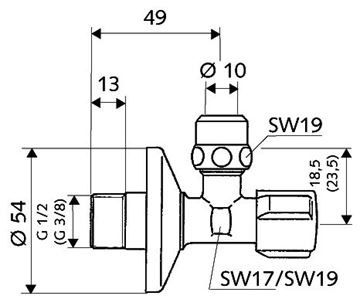CONCEPT COMFORT rohový ventil 1/2"x3/8", chróm 049070601 Technický nákres