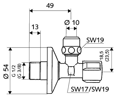CONCEPT COMFORT rohový ventil 1/2"x3/8", chróm 049070601 Technický nákres