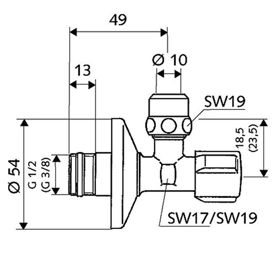 CONCEPT COMFORT rohový ventil 1/2"x3/8", chróm 049170601 Technický nákres