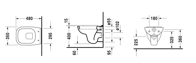 DURAVIT D-CODE závesné WC 22110900002 Technický nákres