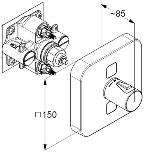 KLUDI PUSH podomietková termostatická batéria, pre 2 spotrebiče, chróm 389110538 Technický nákres