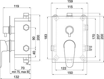 NOVASERVIS TITANIA FRESH podomietková batéria, pre 3 spotrebiče, s telesom, chróm BOX98051RX,0 Technický nákres