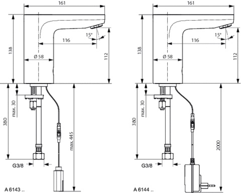IDEAL STANDARD CERAPLUS umývadlová senzorová batéria s prednastavenou teplotou, napájanie zo siete, chróm A6144AA Technický nákres
