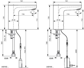 IDEAL STANDARD CERAPLUS umývadlová senzorová batéria s prednastavenou teplotou, napájanie zo siete, chróm A6144AA Technický nákres