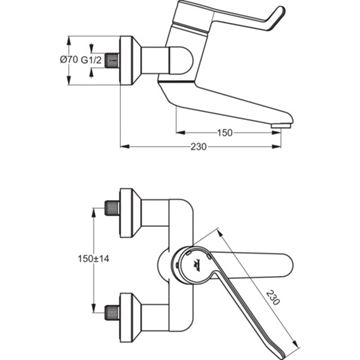 IDEAL STANDARD CERAPLUS umývadlová nástenná batéria, chróm B8223AA Technický nákres
