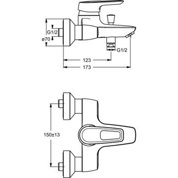 IDEAL STANDARD CERAMIX BLUE vaňová nástenná batéria, s prepínačom, chróm B9490AA Technický nákres
