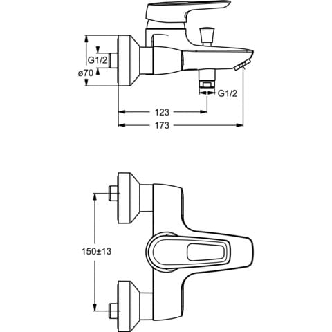 IDEAL STANDARD CERAMIX BLUE vaňová nástenná batéria, s prepínačom, chróm B9490AA Technický nákres