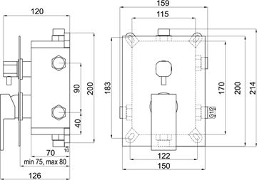 NOVASERVIS TITANIA SMART podomietková batéria, pre 2 spotrebiče, s telesom, chróm BOX98051R,0 Technický nákres